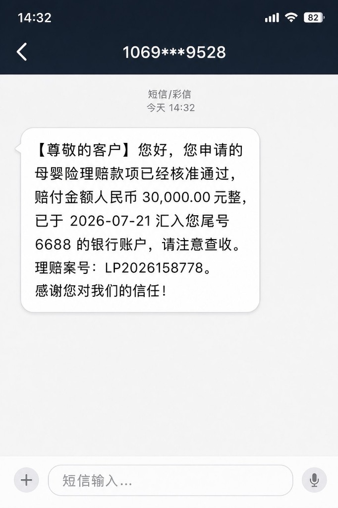 理赔成功短信截图：赔付金额到账通知